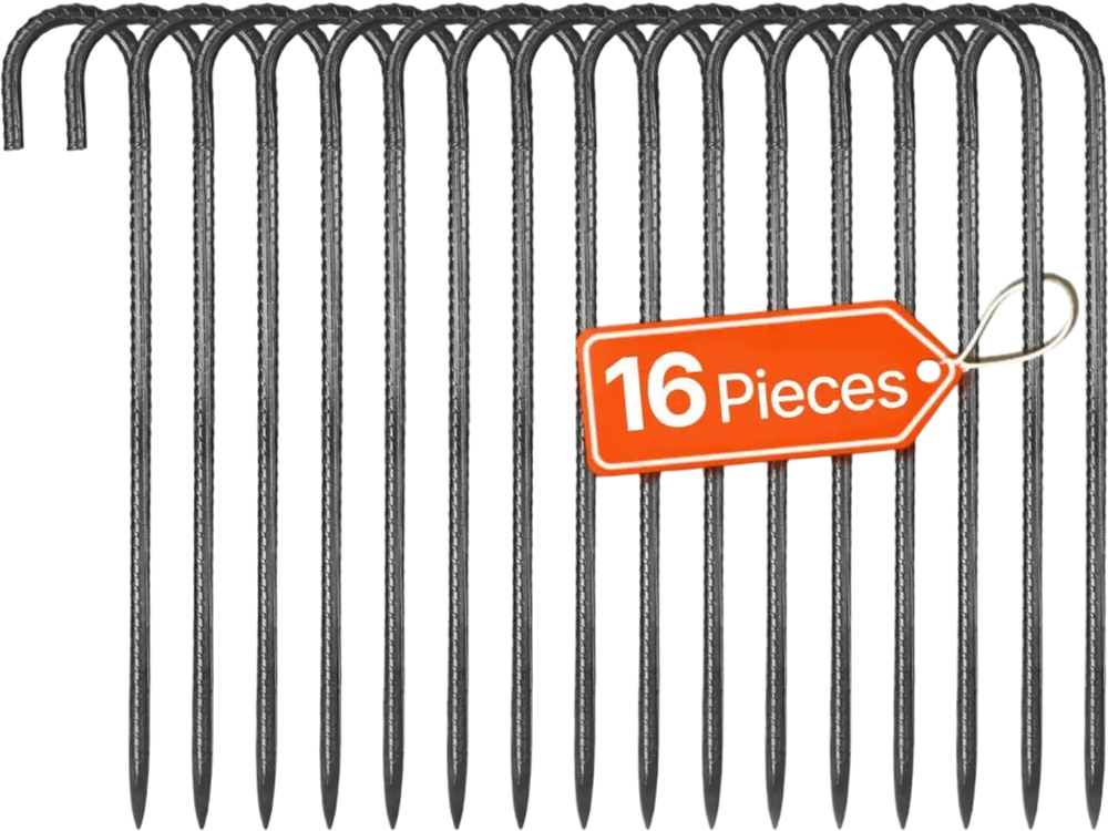 VEVOR Rebar Stakes, 16-Inch, Heavy-Duty 0.4 in Diameter J Hook, Galvanized Steel Ground Anchors with Chisel Point End & Rust-Resistant Coating, for Gardening Support, Fence, Camping Tents (16-Pack)