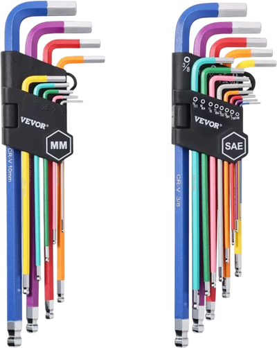 VEVOR Hex Key Allen Wrench Set, 22 pcs SAE (0.050-3/8 in) and Metric (1.5-10 mm), Color Coding Allen Wrenches Sets with Ball End, Long Arm L-Shaped Hex Key for Bicycle, Household, Automobile Repair