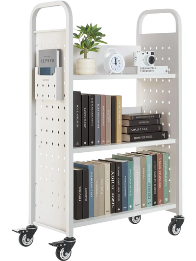Vevor Book Cart 3-Tier Rolling Library Shelf White New