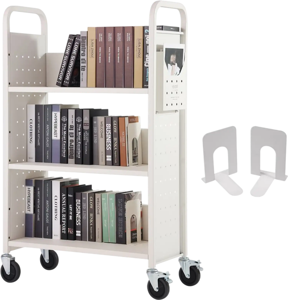 VEVOR Book Cart, 330 lbs Library Cart, 31.1" x 15.2" x 49.2" Rolling Book Cart, Single Sided L-Shaped Flat Shelves with 4-Inch Lockable Wheels for Home Shelves Office and School, Book Truck in White