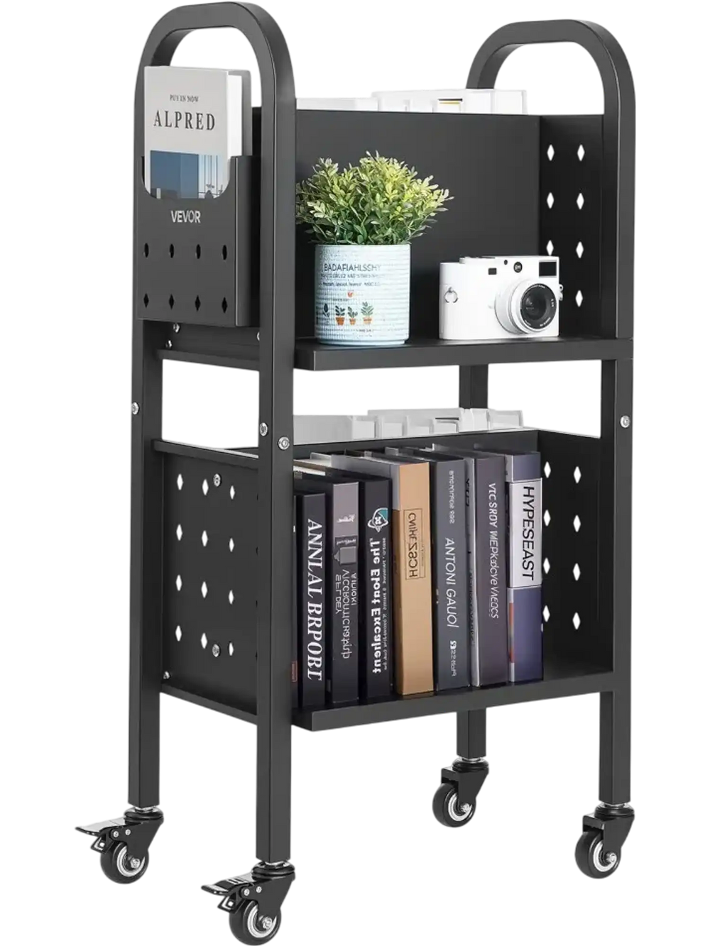 VEVOR Rolling Library Book Cart, 150 lbs Capacity, 17.7 x 13.0 x 34.6-Inch Library Cart, Double Sided L-Shaped Shelves with 2-Inch Lockable Wheels, Book Truck for Home Shelves Office and School, Black