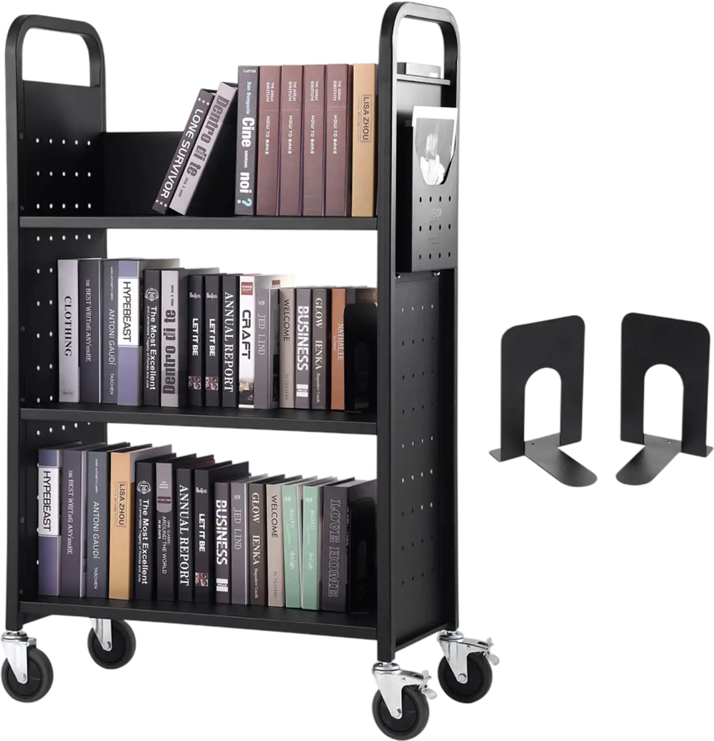 VEVOR Book Cart, 330 lbs Library Cart, 31.1" x 15.2" x 49.2" Rolling Book Cart, Single Sided L-Shaped Flat Shelves with 4-Inch Lockable Wheels for Home Shelves Office and School, Book Truck in Black