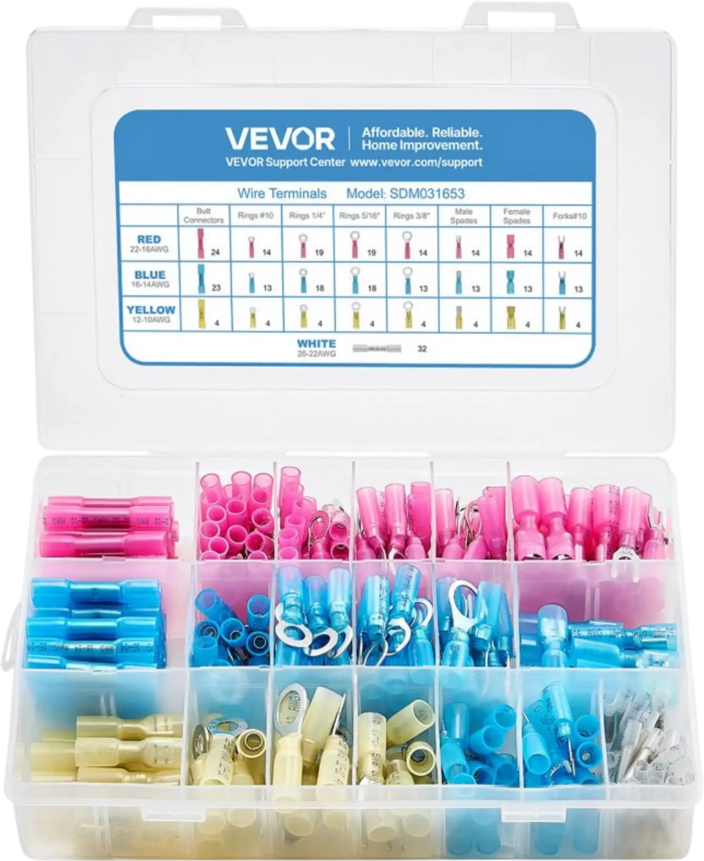 VEVOR Heat Shrink Wire Connectors, 320PCS, Electrical Waterproof Crimp Connectors Terminals Kit, Insulated Butt Ring Fork Spade Splices, 26–22 22–16 16–14 12–10 Gauge, for Industrial Marine Automotive