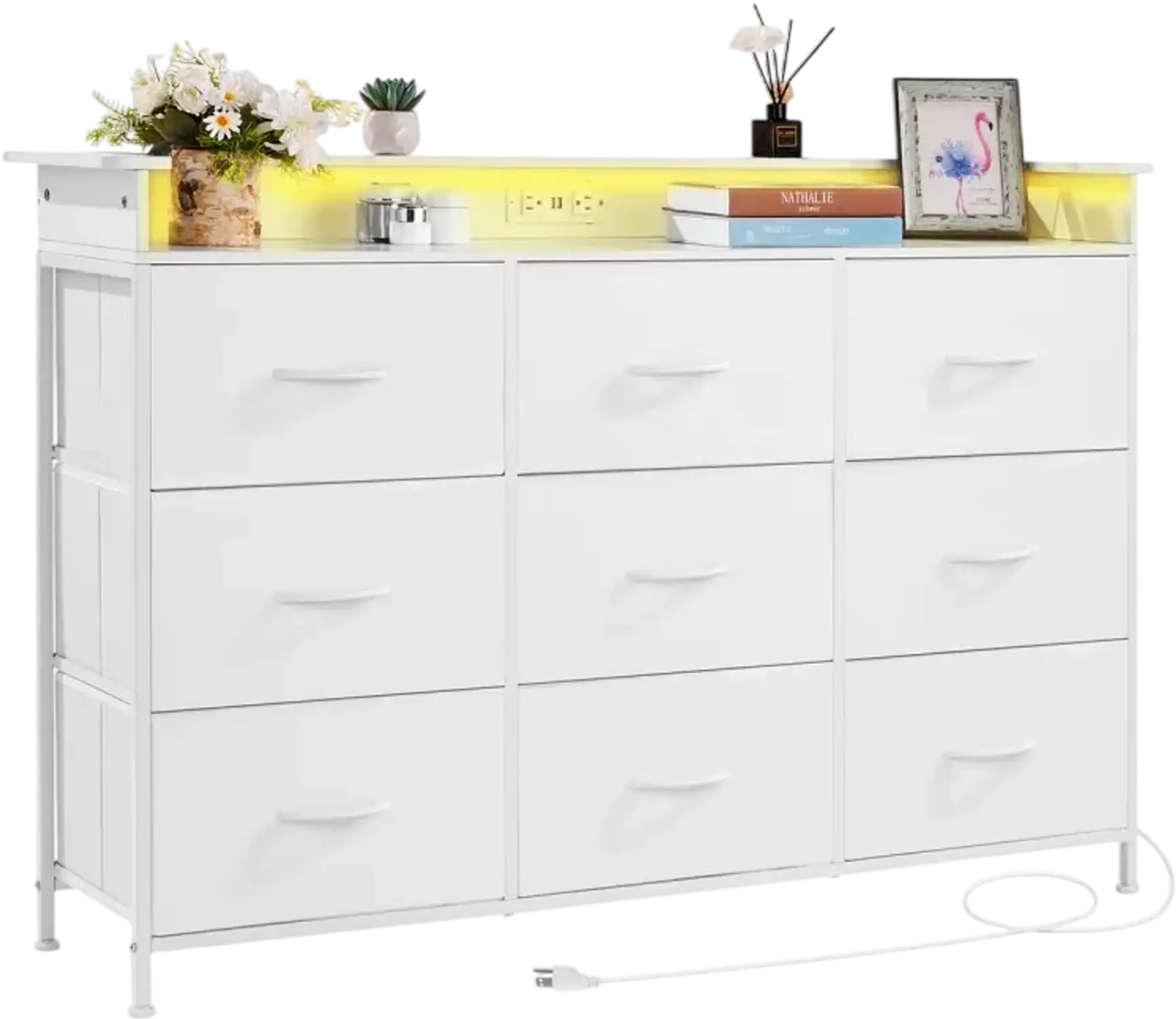 Vevor Dresser 9-Drawer Fabric Storage Tower with LED Lights & Built-In Outlet White New