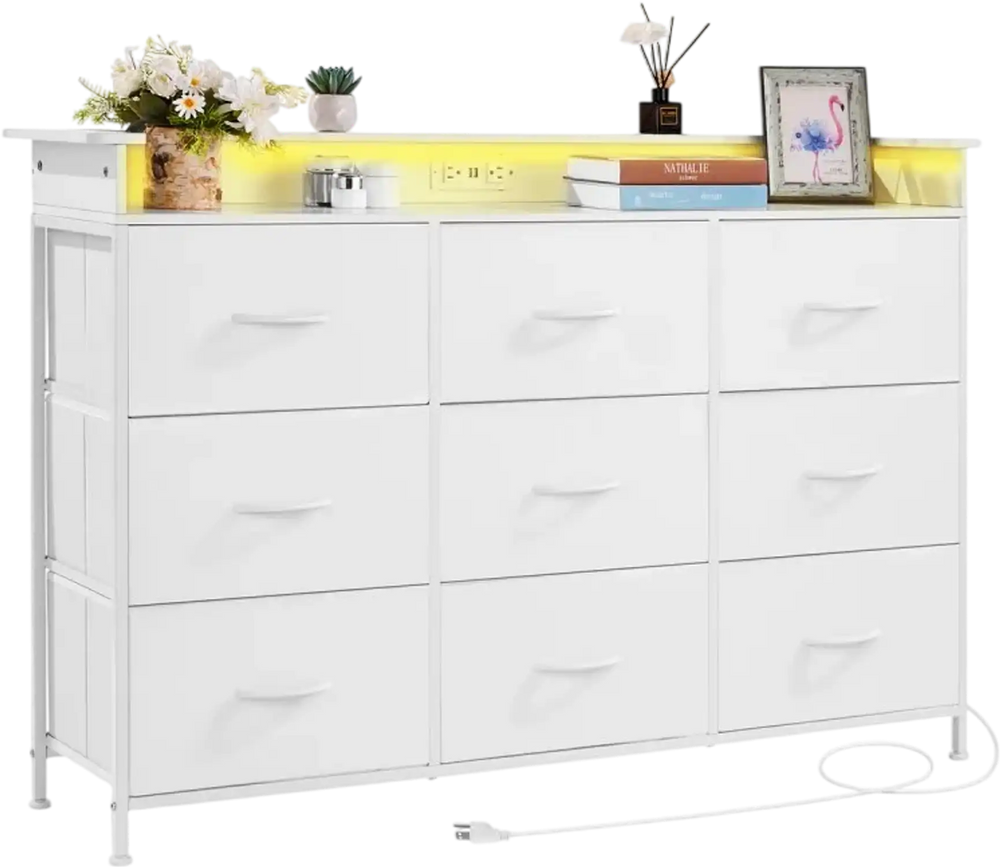 VEVOR 9 Drawer Dresser, Fabric Drawer Dresser with Fabric Bin, Storage Drawers with Sturdy Metal Frame, LED Lights & Built-in Outlet, Fabric Storage Tower for Bedroom, Hallway, White