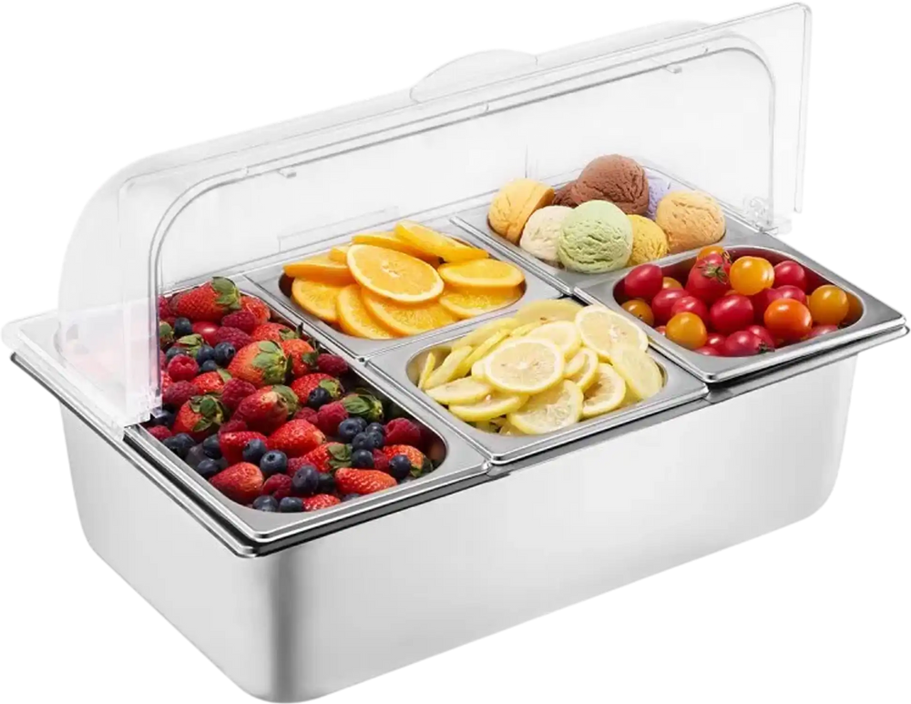 VEVOR Countertop Food Serving Display Container, 5 Pan Stainless Steel Food Serving Tray, Buffet Condiment Dispenser Display Rack with Clear Lid & 3 Freezer Boxes, for Restaurant Hotel Kitchen Party