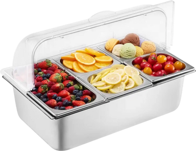 VEVOR Countertop Food Serving Display Container, 5 Pan Stainless Steel Food Serving Tray, Buffet Condiment Dispenser Display Rack with Clear Lid & 3 Freezer Boxes, for Restaurant Hotel Kitchen Party