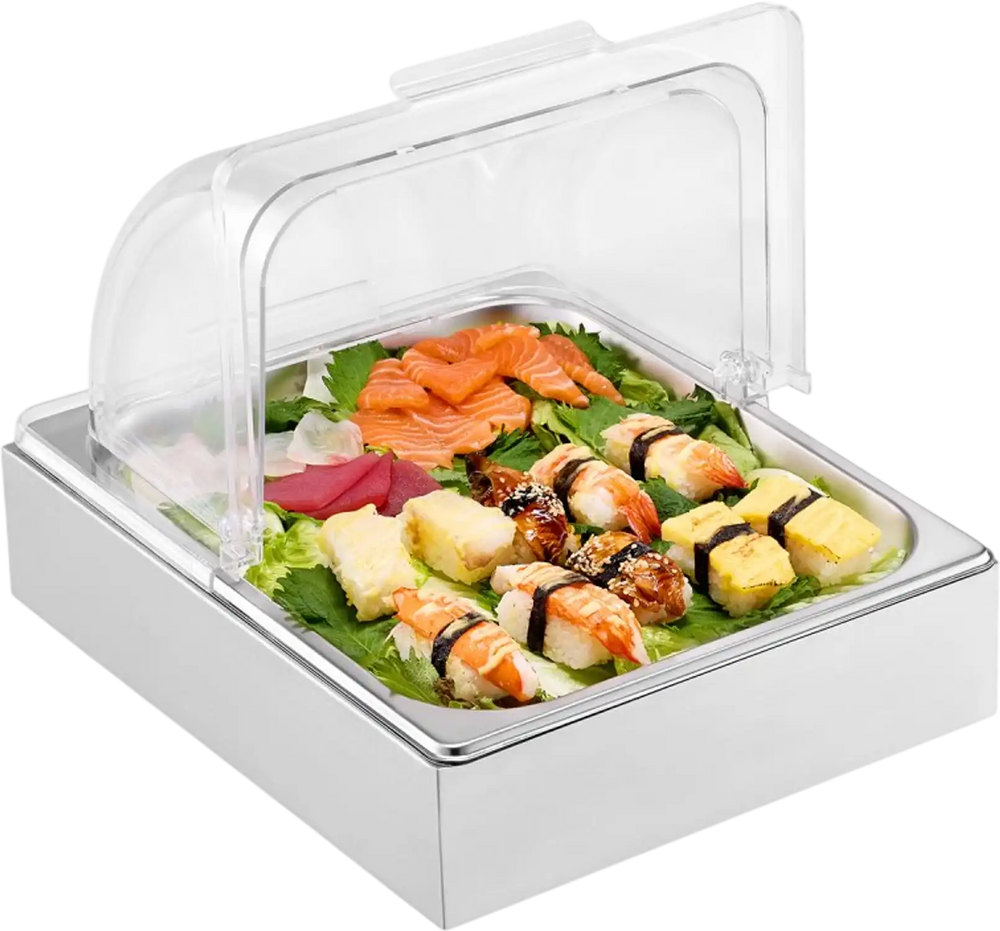 VEVOR Countertop Food Serving Display Container, 1 x 1/2 Pan Stainless Steel Food Serving Tray, Buffet Condiment Dispenser Display Rack with Clear Lid & Ice Tray, for Restaurant Hotel Kitchen Party