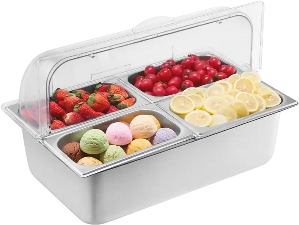 VEVOR Countertop Food Serving Display Container, 4 Pan Stainless Steel Food Serving Tray, Buffet Condiment Dispenser Display Rack with Clear Lid & 3 Freezer Boxes, for Restaurant Hotel Kitchen Party