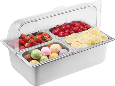 VEVOR Countertop Food Serving Display Container, 4 Pan Stainless Steel Food Serving Tray, Buffet Condiment Dispenser Display Rack with Clear Lid & 3 Freezer Boxes, for Restaurant Hotel Kitchen Party