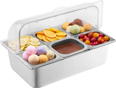 VEVOR Countertop Food Serving Display Container, 6 Pan Stainless Steel Food Serving Tray, Buffet Condiment Dispenser Display Rack with Clear Lid & 3 Freezer Boxes, for Restaurant Hotel Kitchen Party
