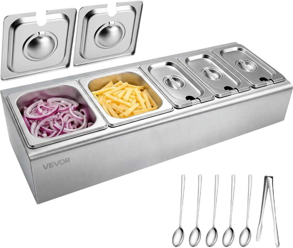 VEVOR Countertop Food Serving Display Container, Stainless Steel Food Salad Server Tray, Buffet Condiment Dispenser, Ice Cooled Rack with Separate Lid, for Restaurant Hotel Kitchen (2x1/6+3x1/9 Pan)