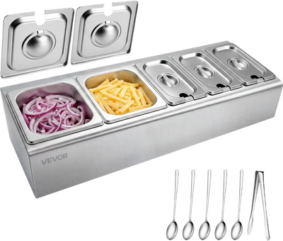 VEVOR Countertop Food Serving Display Container, Stainless Steel Food Salad Server Tray, Buffet Condiment Dispenser, Ice Cooled Rack with Separate Lid, for Restaurant Hotel Kitchen (2x1/6+3x1/9 Pan)