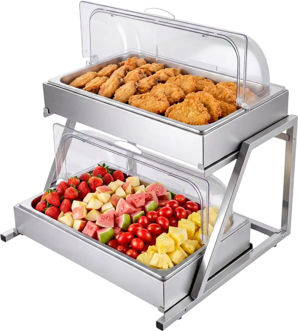 VEVOR Countertop Food Serving Display Container, 2 Tier Stainless Steel Food Salad Server Tray, Buffet Condiment Dispenser, Ice Cooled Rack with Clear Roll Top Cover, for Restaurant Hotel (1/1 Pan x2)