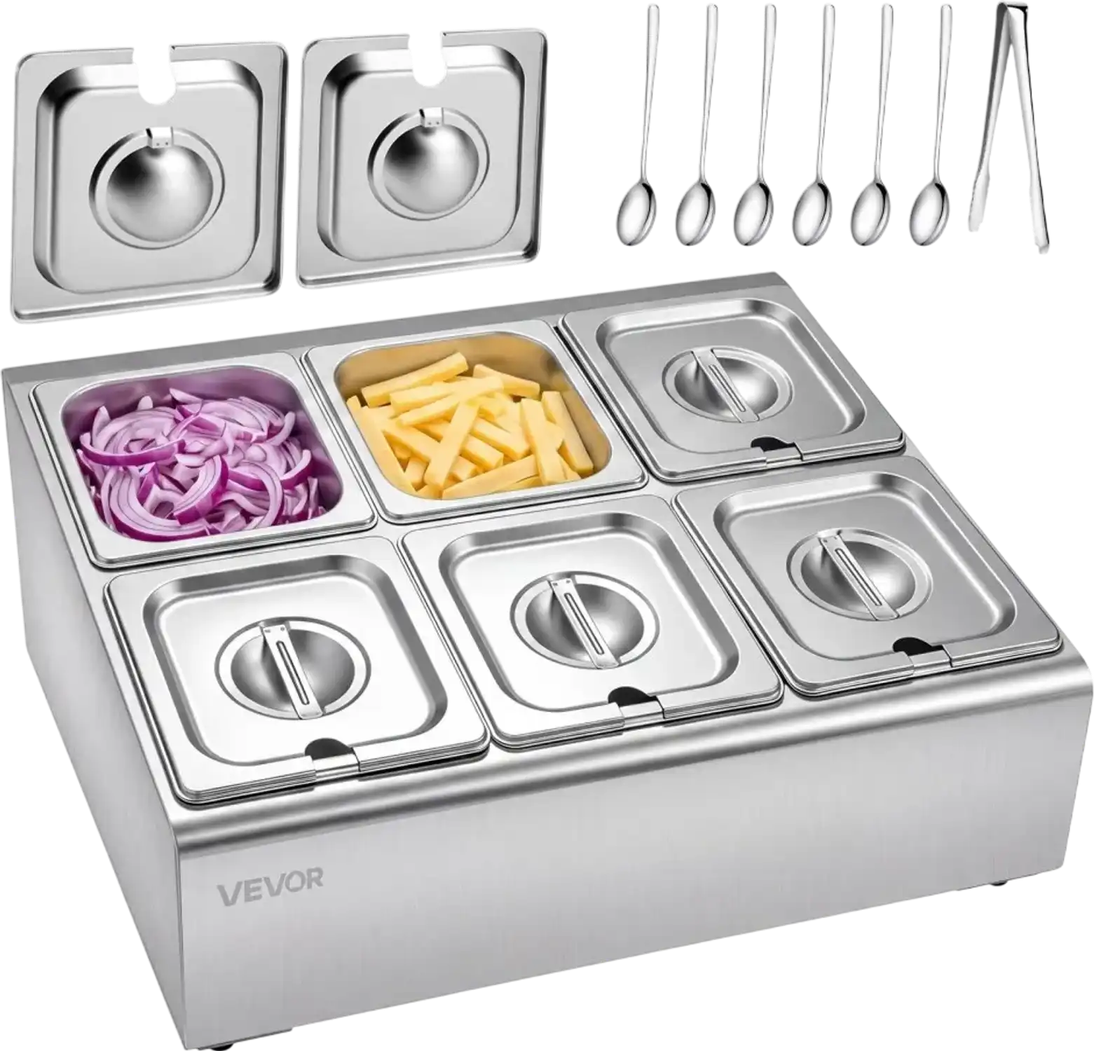 Vevor Condiment Dispenser Countertop Food Serving Display Container Ice-Cooled 6-Pan New