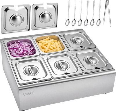 Vevor Condiment Dispenser Countertop Food Serving Display Container Ice-Cooled 6-Pan New