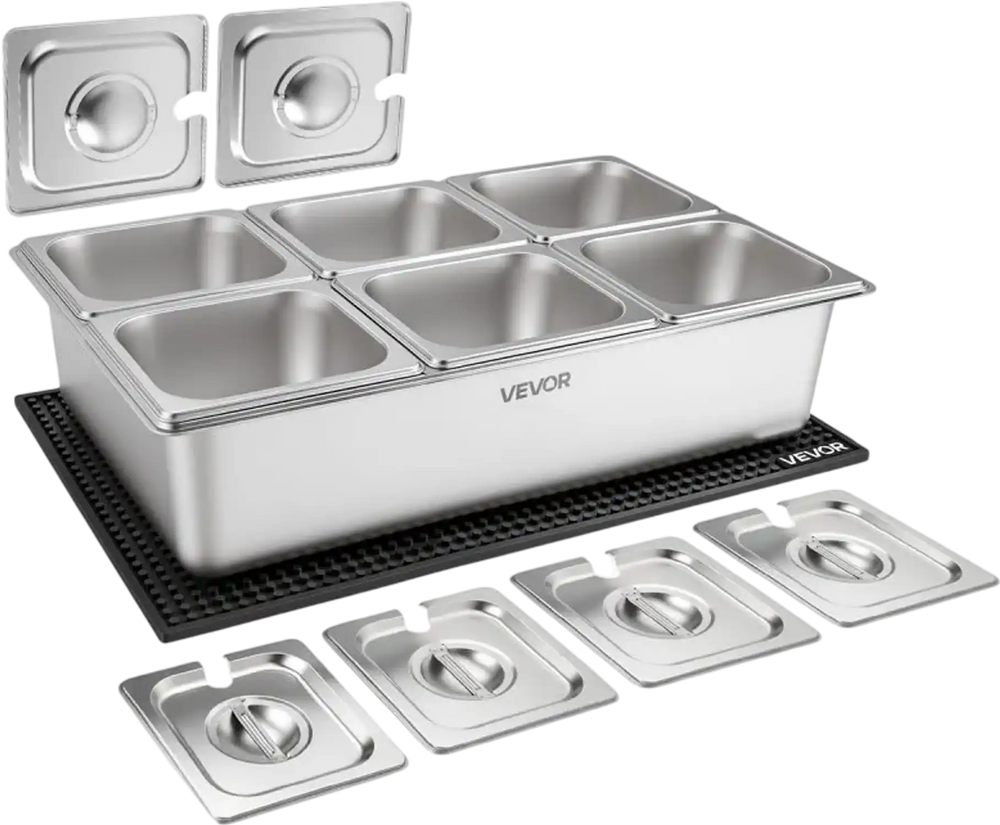 VEVOR Countertop Food Serving Display Container, Stainless Steel Food Salad Server Tray, Buffet Condiment Dispenser, Ice Cooled Rack with Separate Lid, for Restaurant, Hotel, Party (6x1/6 Pan)