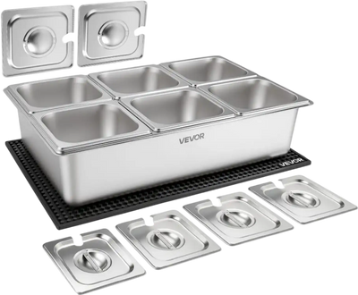 Vevor Food Serving Display Container Stainless Steel Ice Cooled Buffet Condiment Server Tray with Separate Lid 6 x 1/6 Pan New