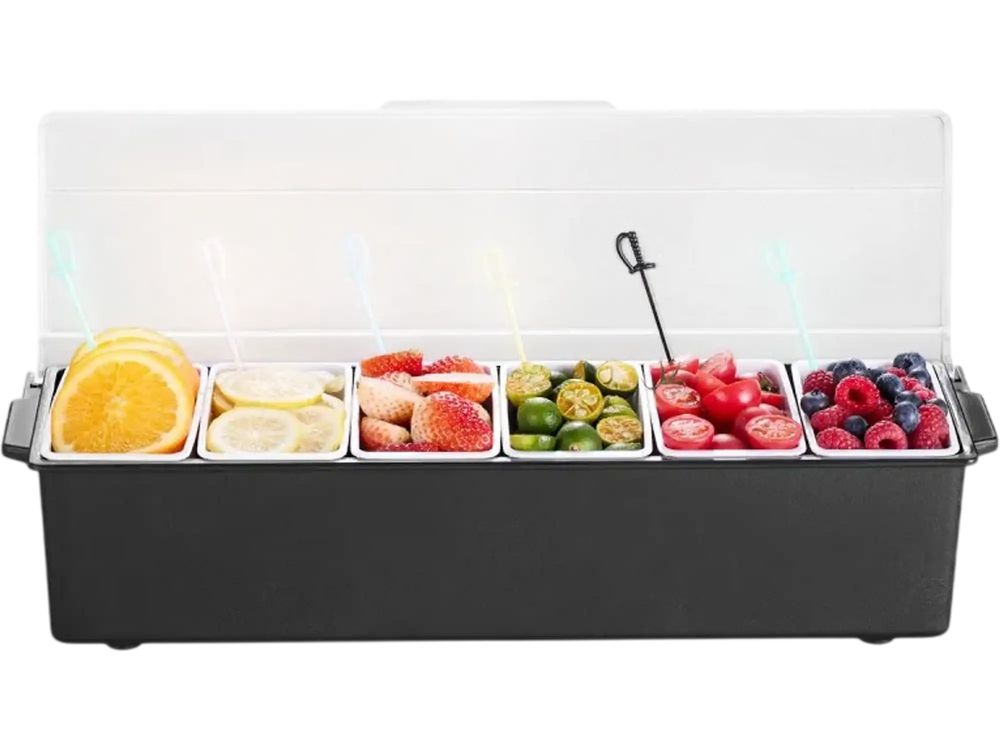 VEVOR Ice Cooled Condiment Serving Container, 6 Compartments Chilled Server, Fruit Veggie Condiment Caddy, Plastic Garnish Station Lid Dispenser Tray, for Bartending & Serving Taco Restaurant Supplies