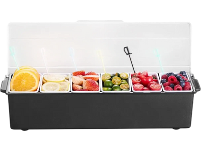 VEVOR Ice Cooled Condiment Serving Container, 6 Compartments Chilled Server, Fruit Veggie Condiment Caddy, Plastic Garnish Station Lid Dispenser Tray, for Bartending & Serving Taco Restaurant Supplies