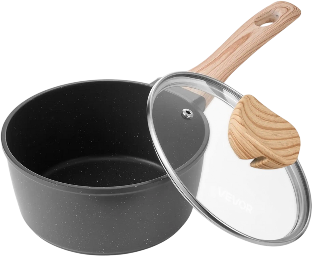 VEVOR 1.5 QT Saucepan, Nonstick Saucepan with Tempered Glass Lid, Multipurpose Cooking Sauce Pot with Detachable Handle, Sauce Pan Small Kitchen Cooking Pot with Coating, Induction Compatible, Black