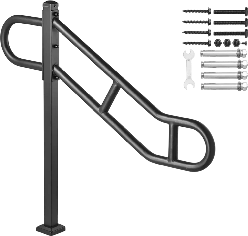 VEVOR Single Post Handrail for Outdoor 1-3 Steps, 40.5" L x 35.4" H Metal Bent Stair Handrails, Floor Mounted Carbon Steel Stair Railing, U-Shaped Post Grab Rails with 2 Anti-Skid Crossbar for Garage