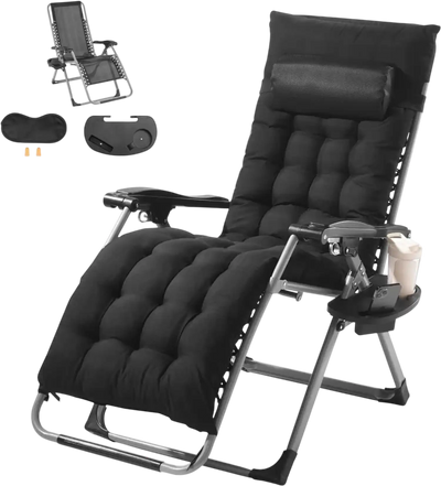 VEVOR Zero Gravity Chair, 26 inch Zero Gravity Recliner Lounge Chair for Indoor and Outdoor, Adjustable Anti Gravity Chair with Cushion, Headrest, Footrest, and Cupholder, 500 lbs, Black