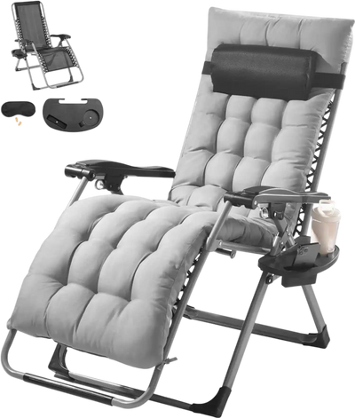 VEVOR Zero Gravity Chair, 26 inch Zero Gravity Recliner Lounge Chair for Indoor and Outdoor, Adjustable Anti Gravity Chair with Cushion, Headrest, Footrest, and Cupholder, 500 lbs, Gray