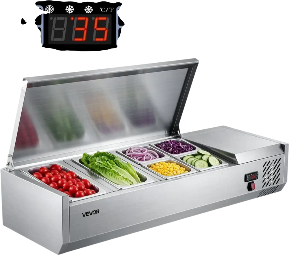 VEVOR Refrigerated Countertop Prep Unit Condiment Prep Station 22 QT ETL, for Commercial Restaurant Salad Bar, 160W, with 2 x 1/3 & 4 x 1/6 Pans, Auto Defrost, Temp Control, Stainless Steel Cover
