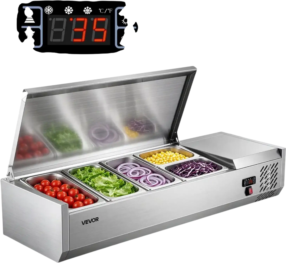 VEVOR Refrigerated Countertop Prep Unit Condiment Prep Station 26.4QT ETL, for Commercial Restaurant Salad Bar, 160W, with 3 x 1/3 & 2 x 1/4 Pans, Auto Defrost, Temp Control, Stainless Steel Cover