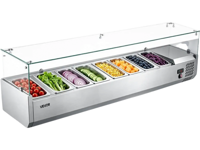 Vevor Countertop Refrigerated Prep Unit Condiment Prep Station 33.6 Qt with 8 x 1/4 Pans and Glass Sneeze Guard New