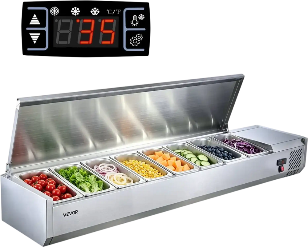 VEVOR Refrigerated Countertop Prep Unit Condiment Prep Station 48 QT ETL, for Commercial Restaurant Salad Bar, 160W, with 8 x 1/3 Pans, Auto Defrost, Adjustable Temp Control, Stainless Steel Cover