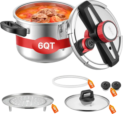 VEVOR Pressure Cooker, 6.3Qt Pressure Cooker Stainless Steel, Pressures Canner with Steaming Rack, Tempered Glass Lid, Three Pressures Settings for Meat, Beans, Rice, Soup, Sauces, Cook up to 100 kPa