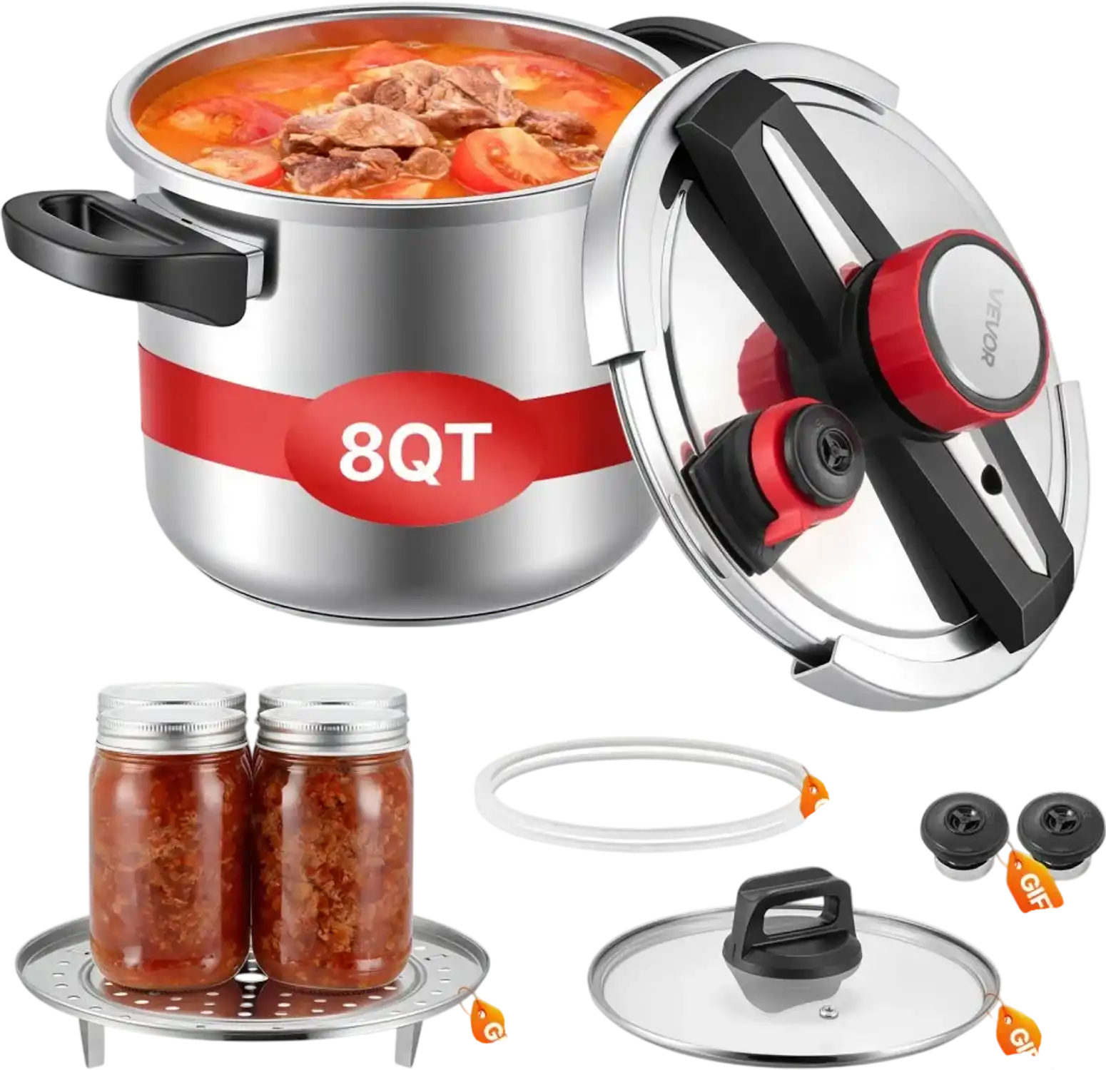 Vevor Pressure Cooker 8 Qt Stainless Steel Pressure Canner with Steaming Rack and Glass Lid New