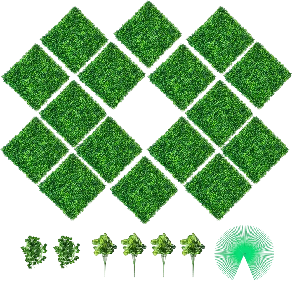 VEVOR Artificial Boxwood Panels, 16 PCS 20\"x20\" Boxwood Hedge Wall Panels, PE Artificial Grass Backdrop Wall 1.6\", Privacy Hedge Screen for Decoration of Outdoor, Indoor, Garden, Fence, and Backyar