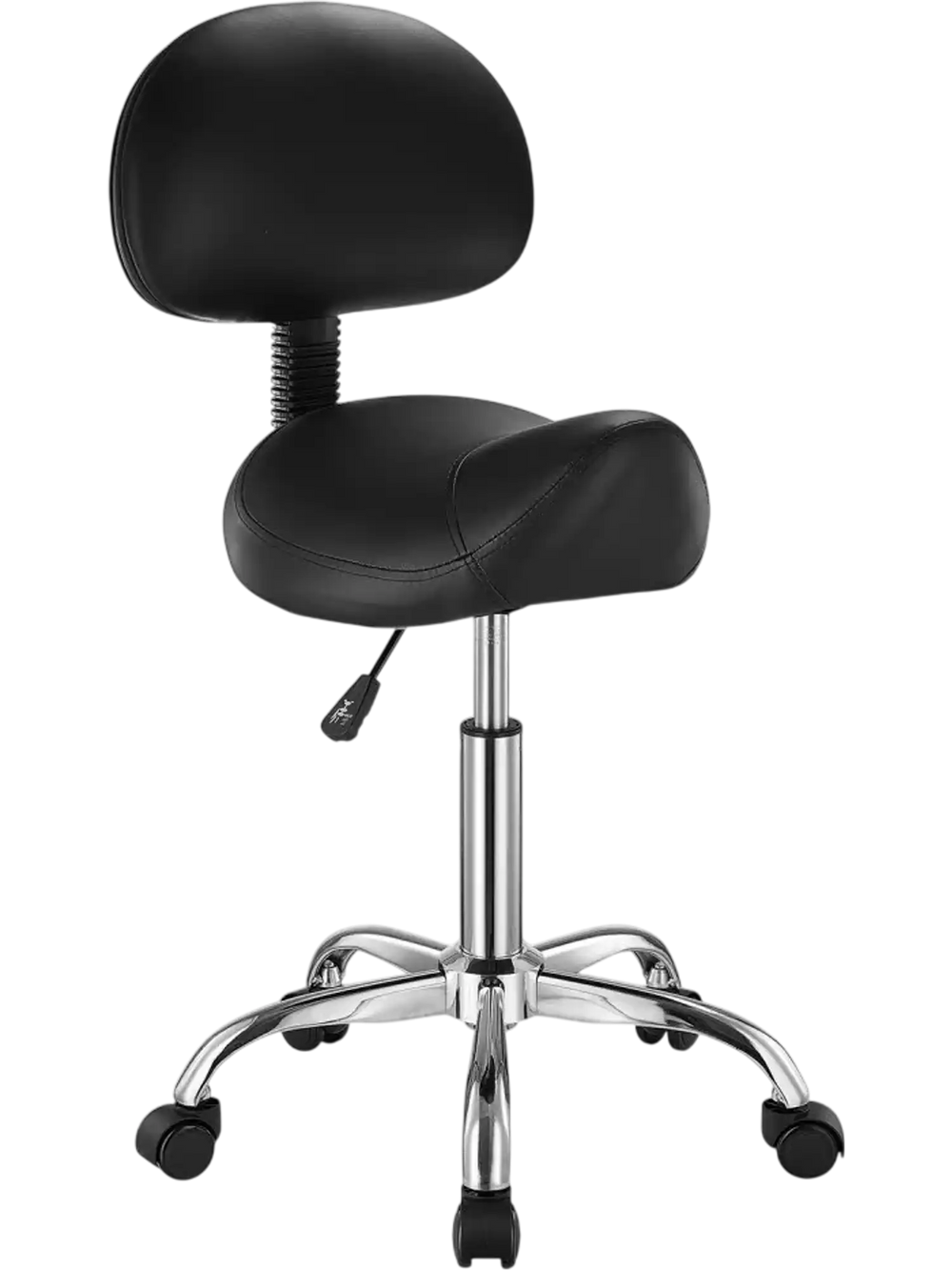 VEVOR Saddle Stool with Back Support and Wheels, 450 LBS Weight Capacity Ergonomic Rolling Stool, Height Adjustable Thickened PU Leather Swivel Saddle Chair for Salon, Spa, Massage, Tattoo, Black