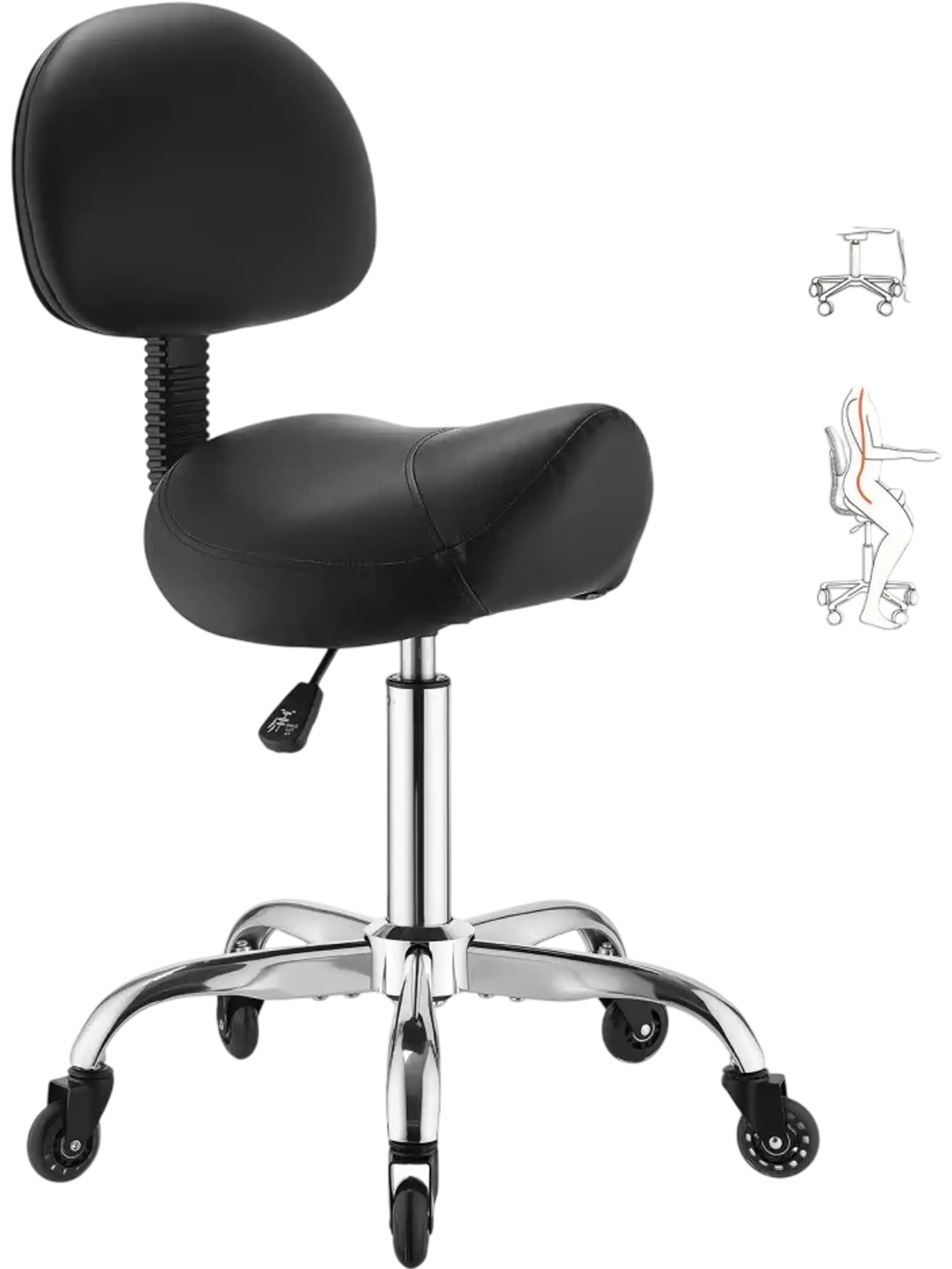 Vevor Saddle Stool Height Adjustable Rolling Chair with Back Support 500 lbs Black New