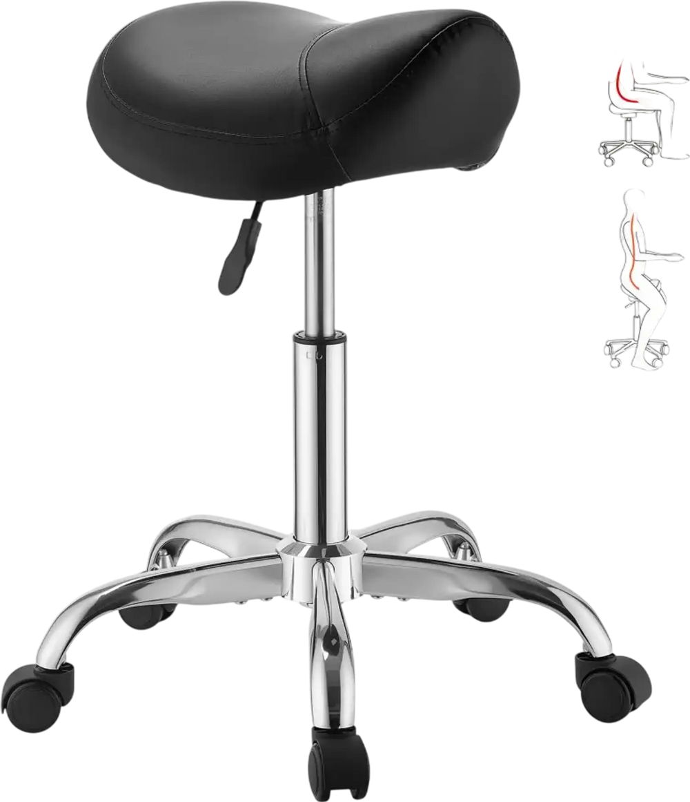 VEVOR Saddle Stool with Wheels, 500 lbs Weight Capacity, Height Adjustable, Ergonomic PU Leather Seat, 360° Swivel Saddle Stool Rolling Chair for Salon, Spa, Bar, Home, Medical, and Massage, Black