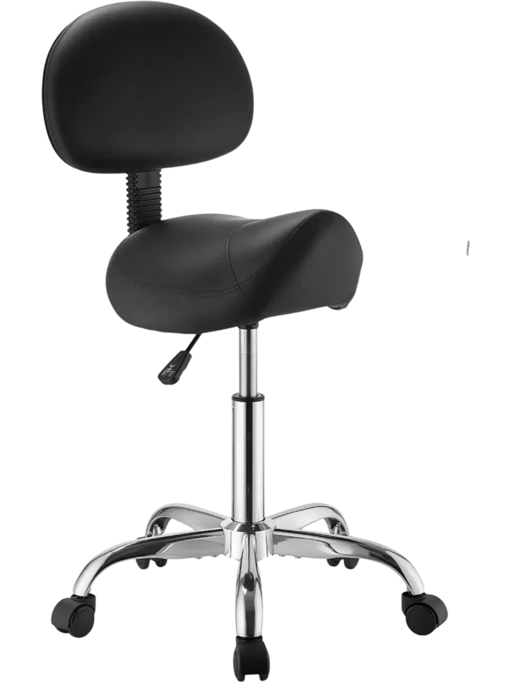 VEVOR Saddle Stool with Back Support, 500 lbs Weight Capacity, Height Adjustable, Ergonomic PU Leather Seat, 360° Swivel Saddle Stool Rolling Chair with Wheels for Salon, Spa, Bar, Medical, Black
