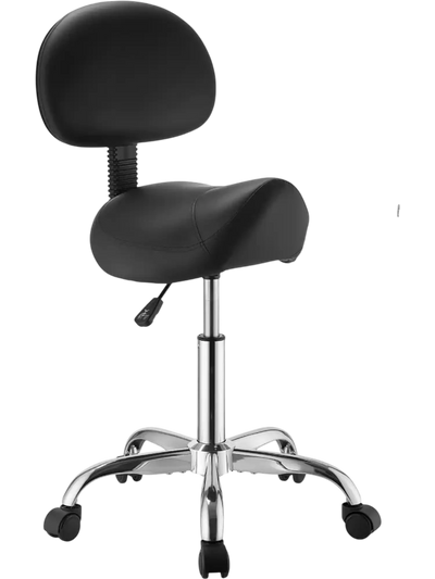 VEVOR Saddle Stool with Back Support, 500 lbs Weight Capacity, Height Adjustable, Ergonomic PU Leather Seat, 360° Swivel Saddle Stool Rolling Chair with Wheels for Salon, Spa, Bar, Medical, Black