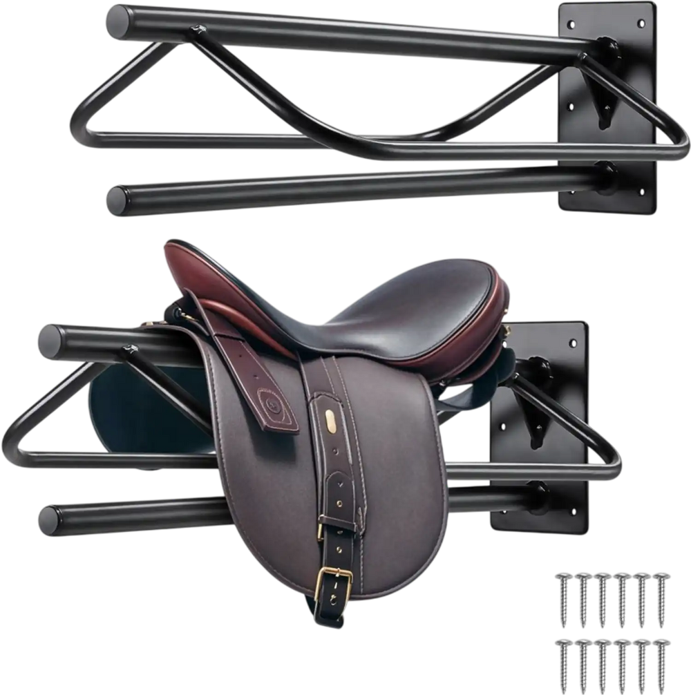 VEVOR Saddle Rack with Pad Bar, 23.8 x 12.6 x 10.2 in, 2 Packs Wall Mounted Saddle Stand, Heavy-Duty Steel Saddle Holder, Western & English Saddle Rack for Horse Stall, Barn, Trailer, Tack Room