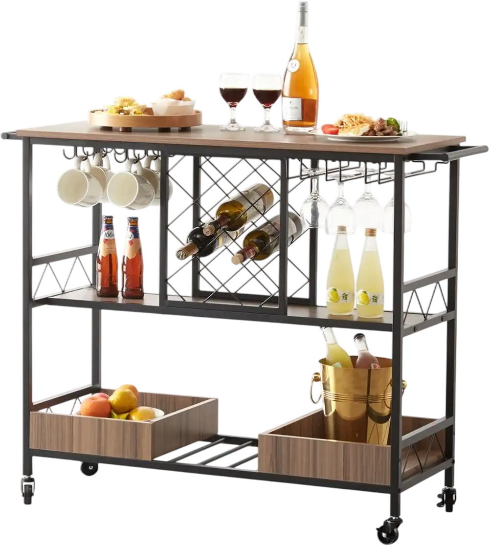 VEVOR Bar Cart, Home Serving Cart, 3 Tiers 300 LBS Industrial Rolling Beverage Station on Lockable Wheels, Mobile Alcohol Drink Cart with Removable Tray Wine Rack Glass Holder for Kitchen Dining Room