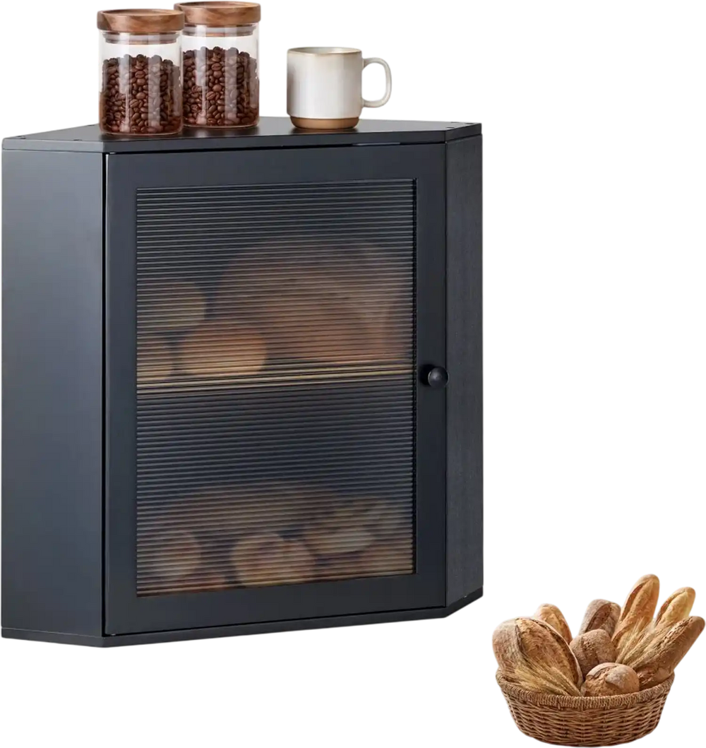 VEVOR Corner Bread Box for Kitchen Counter Bamboo Wood Container Black, for Homemade Bread, Under Cabinet, and Pantry, Double Layer Farmhouse Breadbox Bin, with Acrylic Door Panel and Air Vents