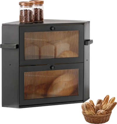 Vevor Bread Box Corner Countertop Bamboo Wood Storage Container Black Double Layer New