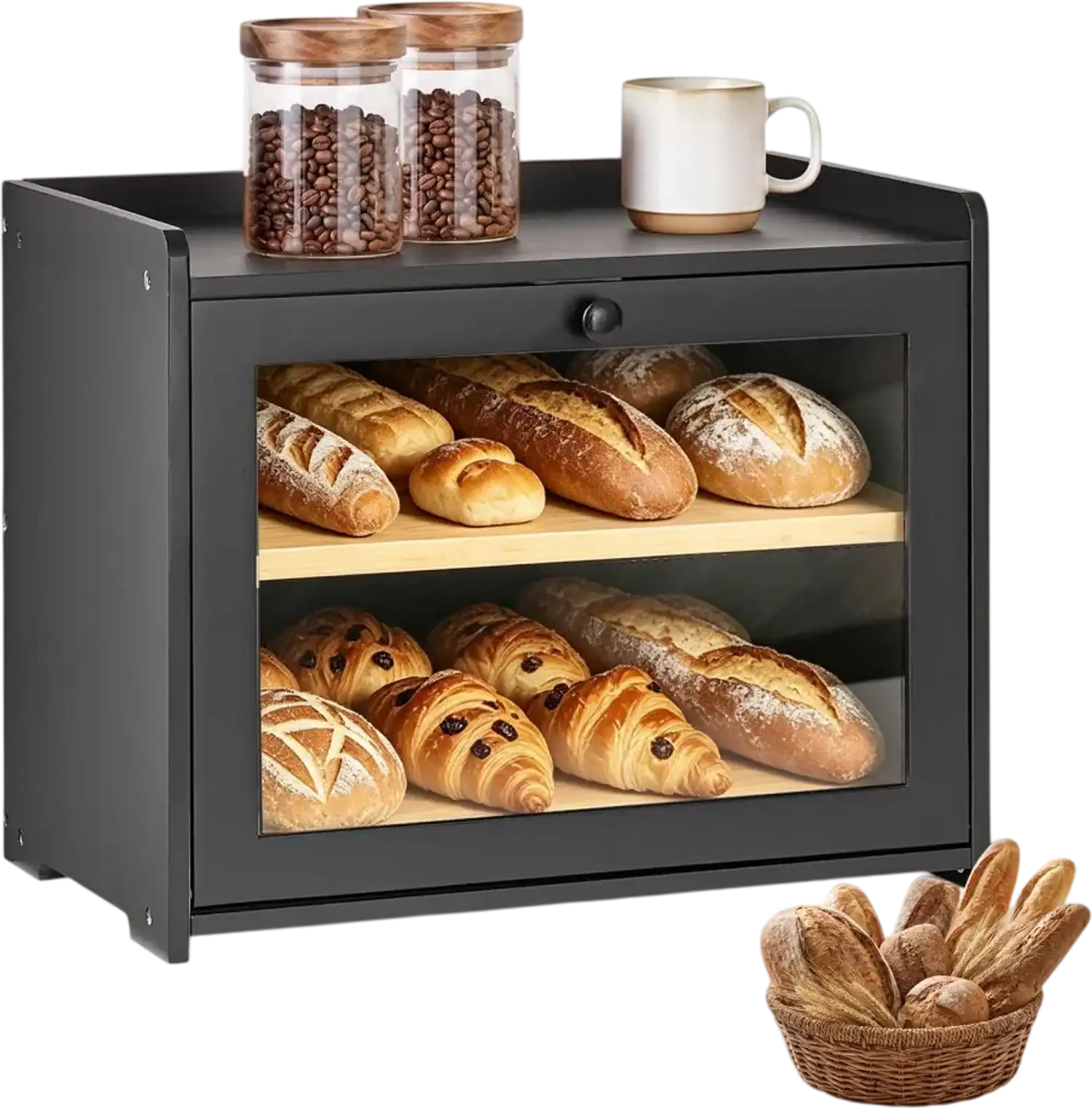 Vevor Bread Box Bamboo Wood Double Layer Farmhouse Storage Container Black New