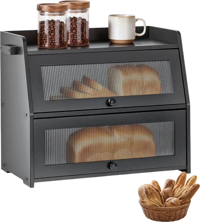 Vevor Bread Box Double Layer Farmhouse Kitchen Counter Storage Container Black New