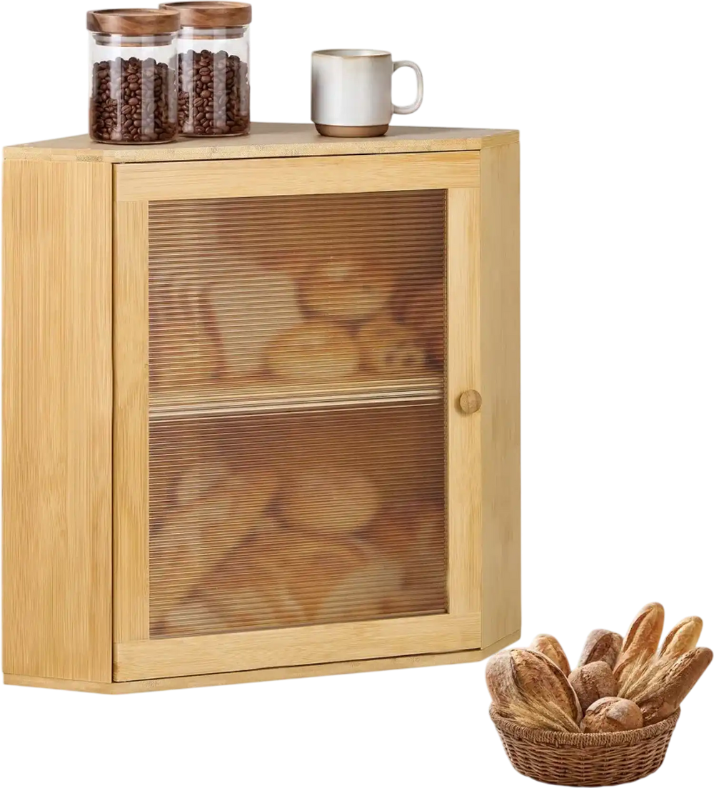 VEVOR Corner Bread Box for Kitchen Counter Bamboo Wood Container Natural, for Homemade Bread, Under Cabinet, and Pantry, Double Layer Farmhouse Breadbox Bin, with Acrylic Door Panel and Air Vents