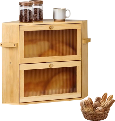 Vevor Bread Box Corner Kitchen Counter Bamboo Wood Storage Bin Natural Double Layer Farmhouse New