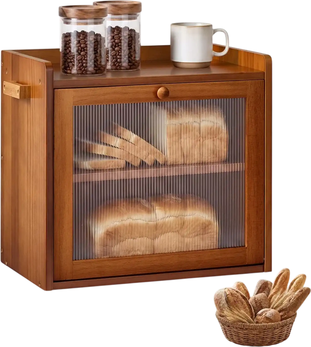 VEVOR Bread Box for Kitchen Counter Wood Storage Compact Container Brown, for Homemade Bread, Under Cabinet, and Pantry, Double Layer Farmhouse Breadbox Bin, with Acrylic Door Panel and Air Vents
