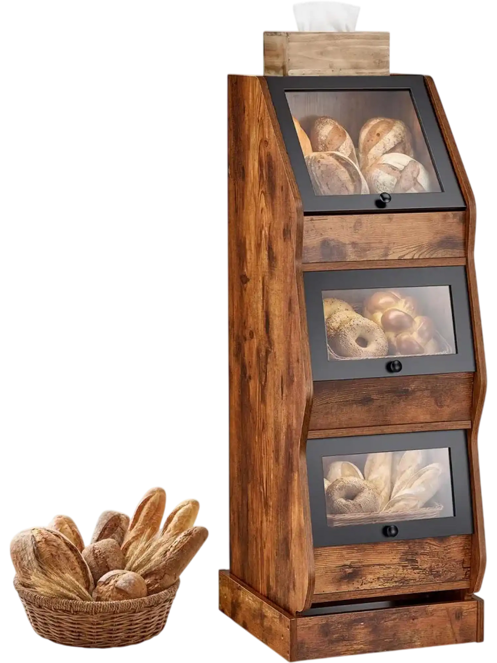 VEVOR Bread Box for Kitchen Bamboo Wood Storage Container Brown, for Homemade Bread, and Pantry, Triple Layer Farmhouse Breadbox Bin, with Acrylic Door Panel and Air Vents